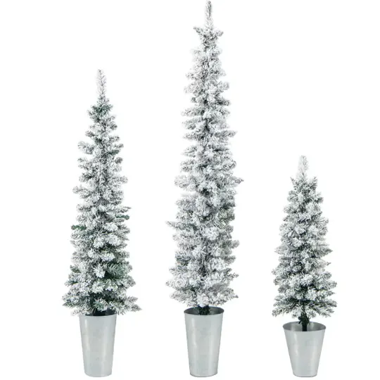 3 Pcs Set Potted Artificial Christmas Tree Snow Flocked Slim