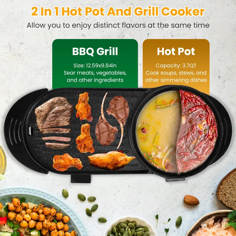2200W 2 in 1 Electric Hot Pot with BBQ Grill Cooker Smokeless — photo 2