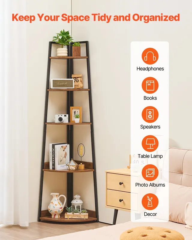5 Tier Corner Shelf — 70" Tall Corner Bookshelf with Metal Frame — photo 2