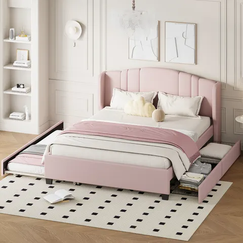 Upholstered Platform Bed with Wingback Headboard