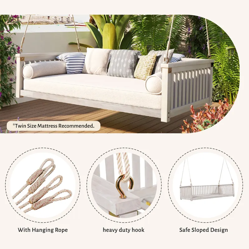 Patio Minimalist Twin Size Garden Swing Bed Wood Porch Swing β photo 5