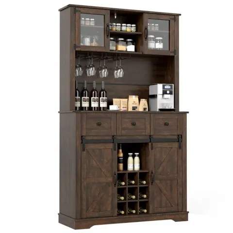 Brown Farmhouse 72" Pantry Cabinet with Hutch