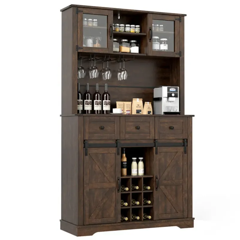 Brown Farmhouse 72" Pantry Cabinet with Hutch