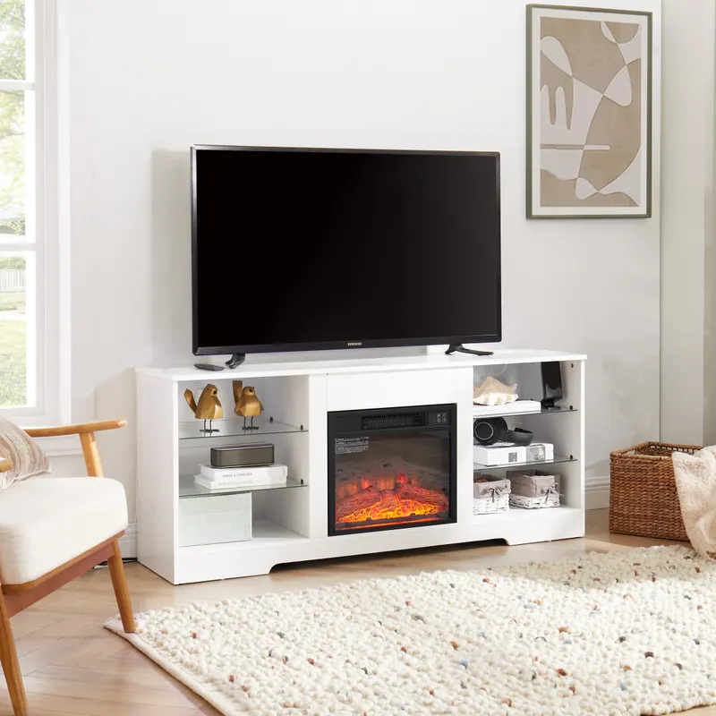 TV Stand Electric Fireplace TV Stand with Glass Shelves β photo 5