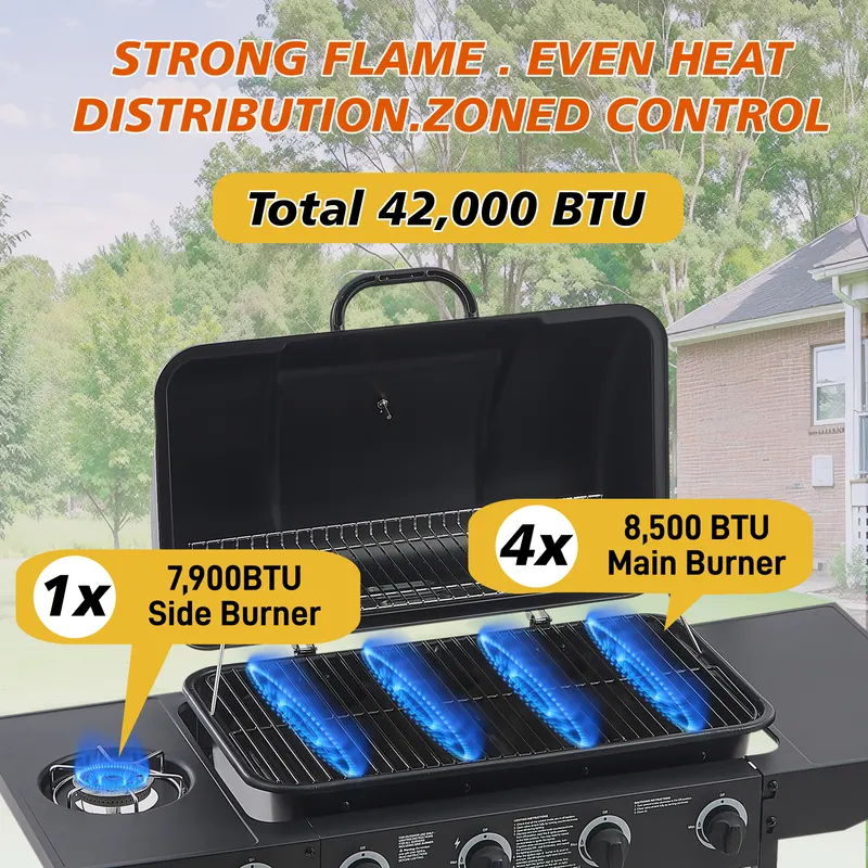 4 Burner BBQ Propane Gas Grill with Side Burner 42000 BTU Output — photo 3