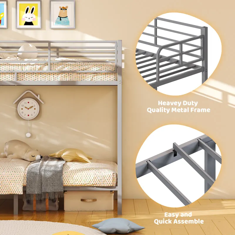 Grey Twin Bunk Bed Square Tube High Guardrail Side Ladder — photo 4
