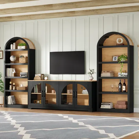 3-Piece Retro TV Stand Set with Bookshelf for TVs Up to 70