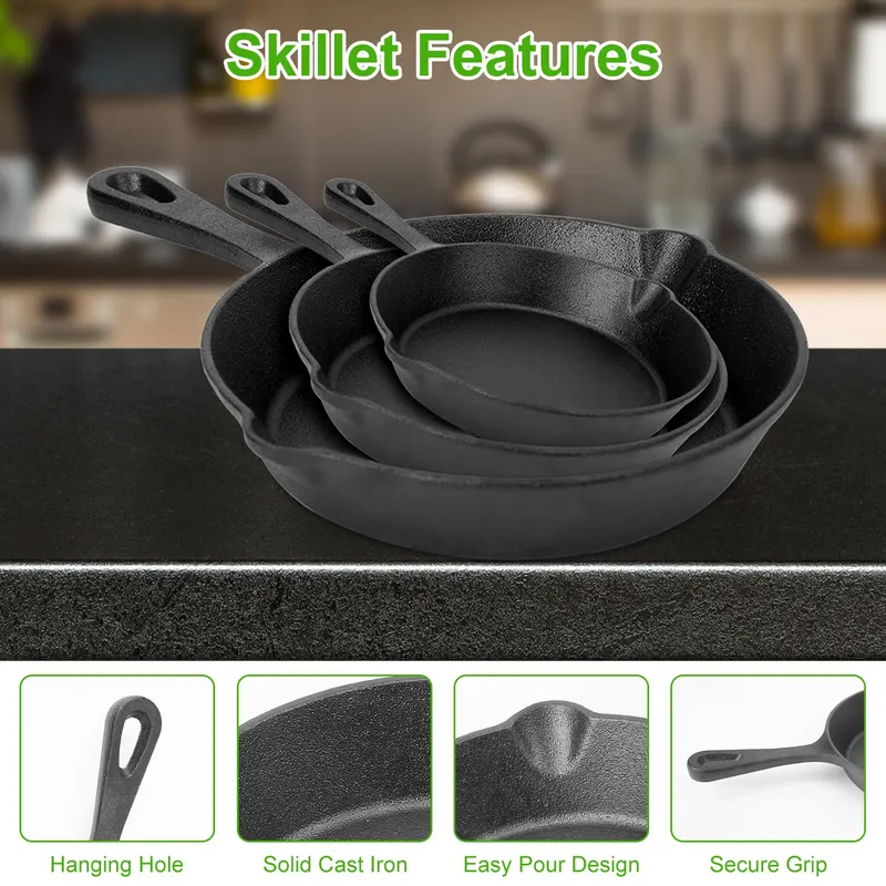 3Pcs Pre-seasoned Cast Iron Skillet Set for Indoor Outdoor 6in — photo 3