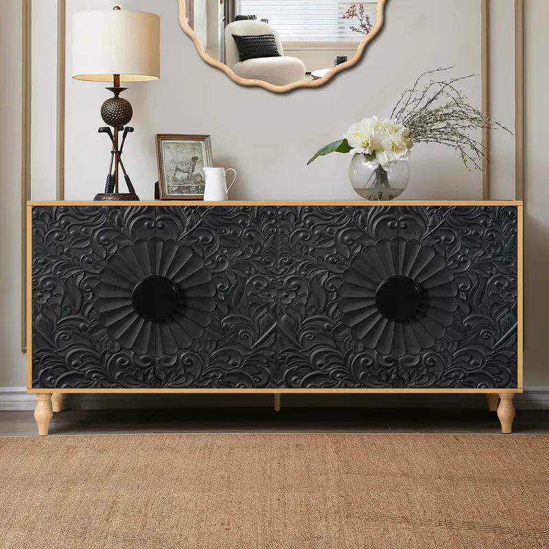 Black Carved Symmetrical Design Door and Wood Coloured Frame β photo 3