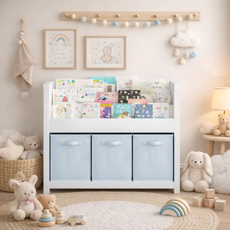 Kids Bookshelf with 3 Tier Front-facing Storage and 3 Fabric — photo 5