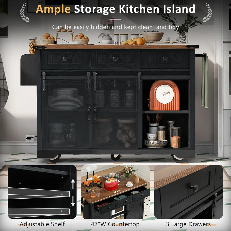 K&k 53.7 Farmhouse Kitchen Island with Power Outlet — photo 3