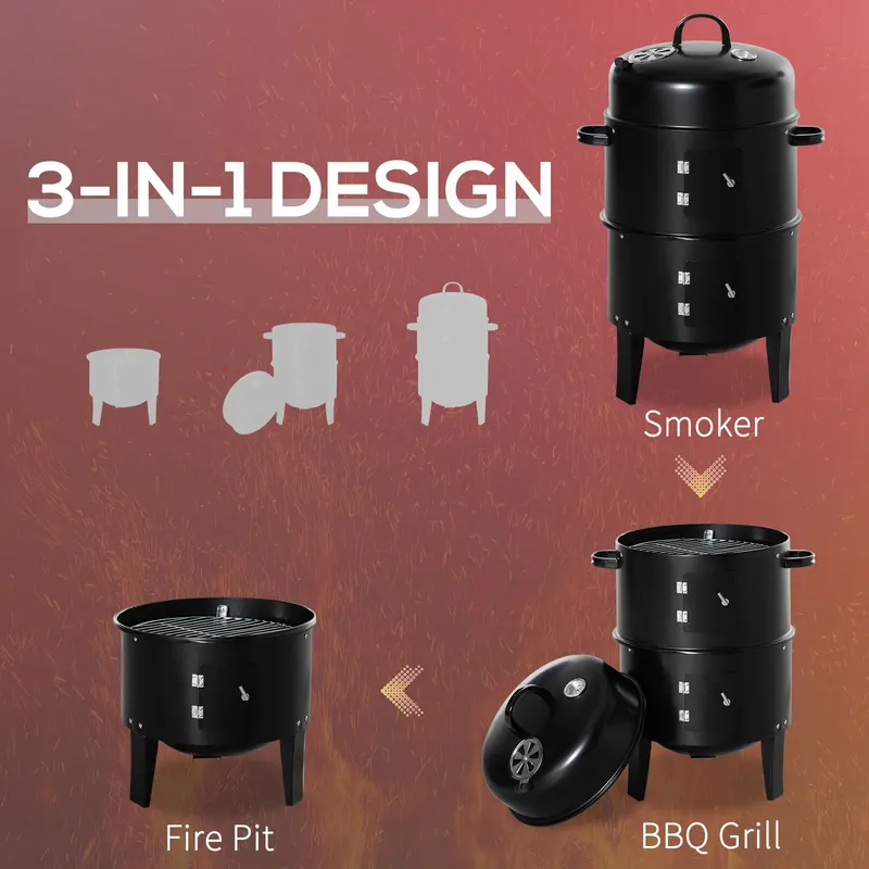 3-in-1 Vertical Charcoal BBQ Smoker Grill with 2 Cooking Areas β photo 3