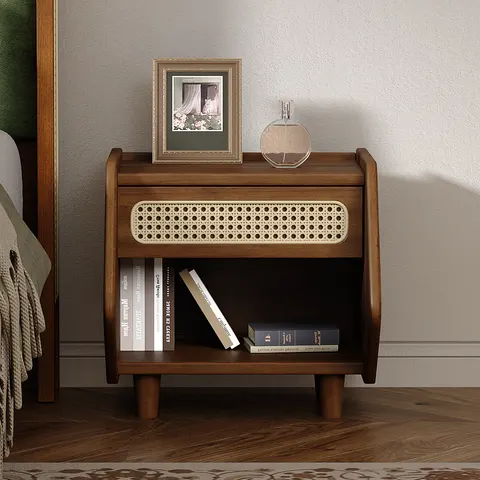 Walnut Nightstand with Rattan Detail