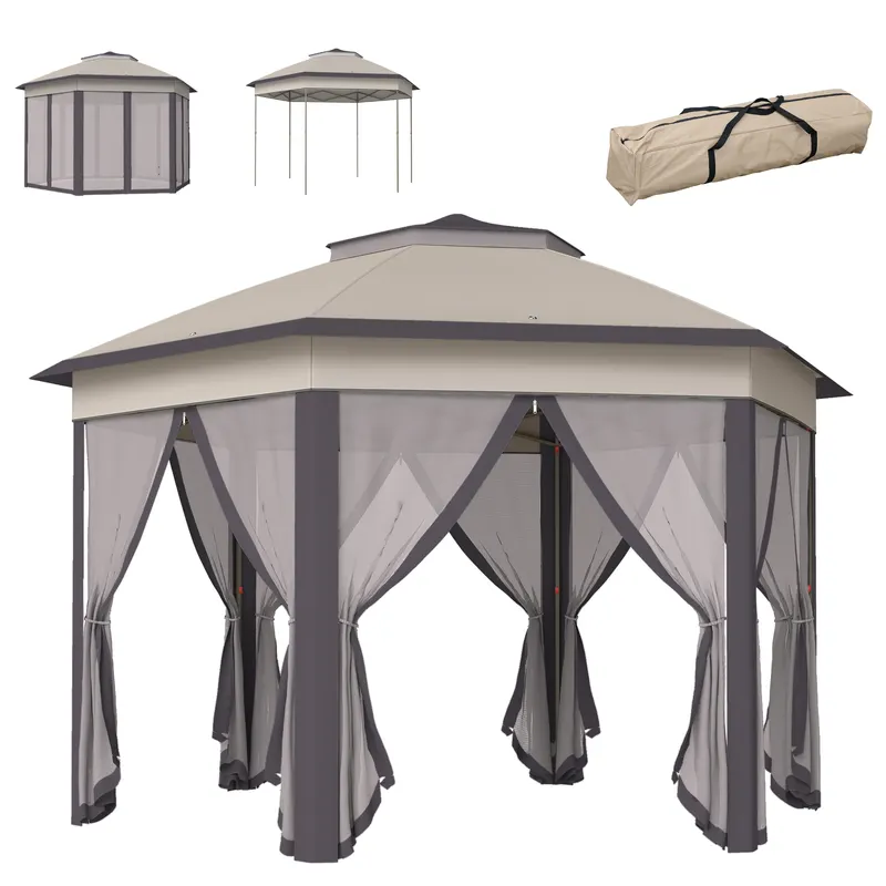 Pop Up Gazebo Hexagonal Canopy Shelter with 6 Zippered Mesh