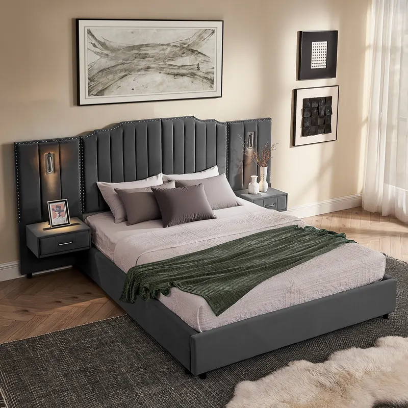 Queen Size Upholstered Bed Frame with Velvet Fabric — photo 3