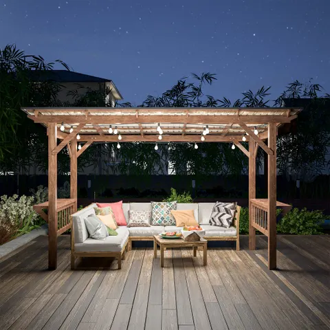 Wooden Pergola Grill Gazebo with Metal Roof & Bulbs & Bar