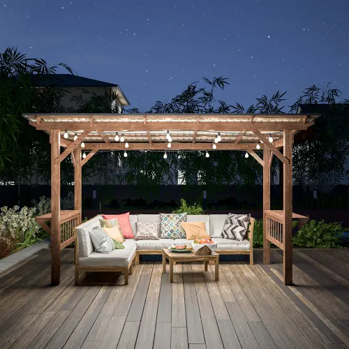 Wooden Pergola Grill Gazebo with Metal Roof & Bulbs & Bar