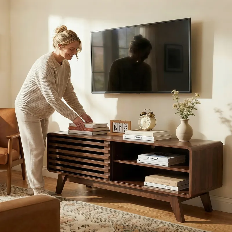 TV Stand with Storage — Entertainment Center with Slatted — photo 5