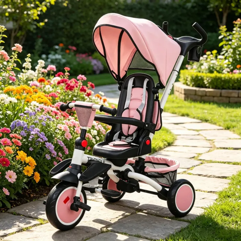 Pink 6-in-1 Convertible Kids Tricycle: 1-5Y Stroller Trike — photo 6