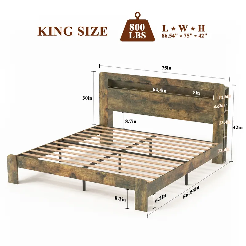 King Wood Bed Frame with LED Headboard — photo 7