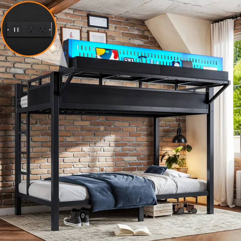 Twin XL Over Twin XL Size Metal Bunk Bed with Storage Shelves — photo 2