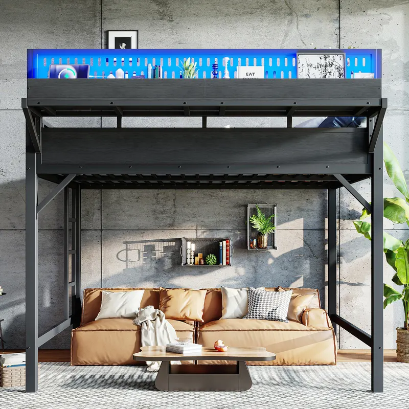 Queen Size Loft Bed Frame with Storage Shelves and Pegboard — photo 4