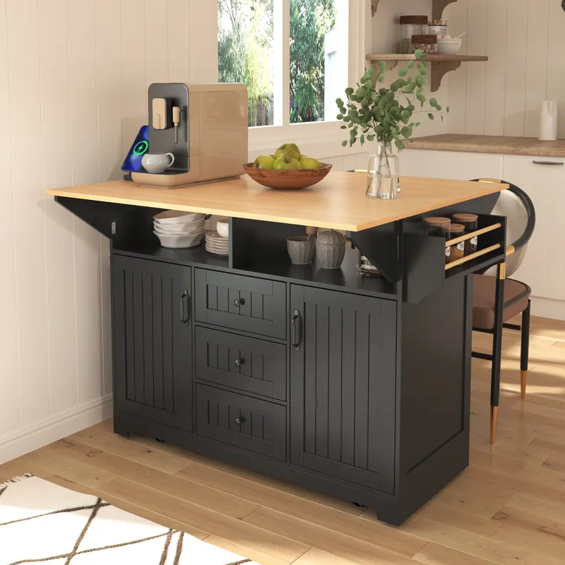 K & K 55.7 Large Kitchen Island with 2 Drop Leaf