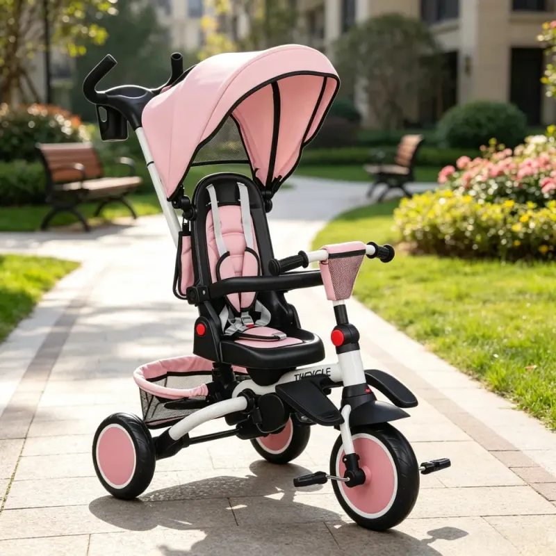 Pink 6-in-1 Convertible Kids Tricycle: 1-5Y Stroller Trike
