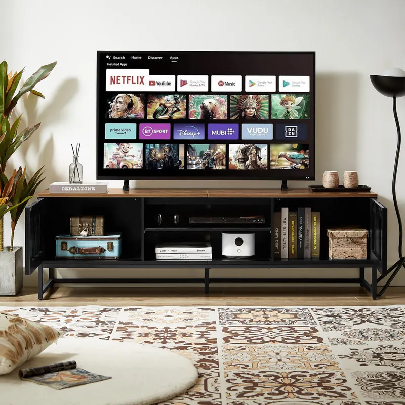 63 Inch Mid Century Modern TV Stand with Slatted Grille Striped — photo 3