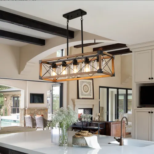 32 Inch Walnut Industrial Farmhouse Rectangle Pendant Light β photo 3