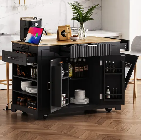 K&k Fluted Kitchen Island with Trash Can Storage Cabinet