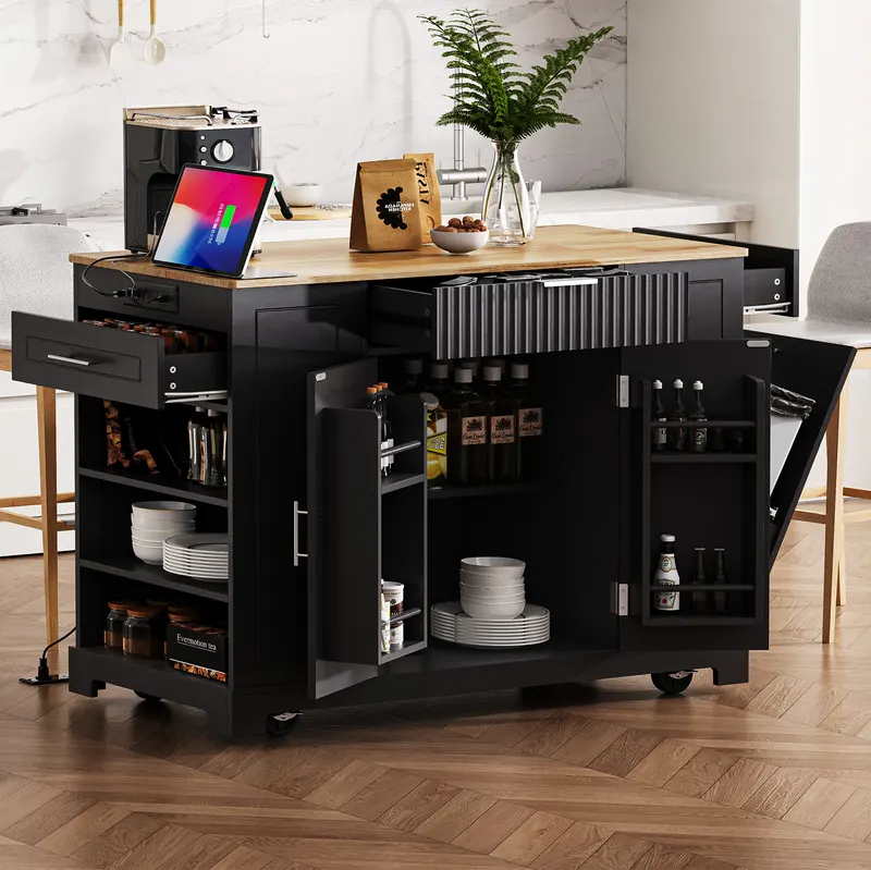 K&k Fluted Kitchen Island with Trash Can Storage Cabinet