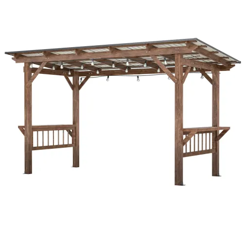 Wooden Pergola Grill Gazebo with Metal Roof & Bulbs & Bar — photo 7
