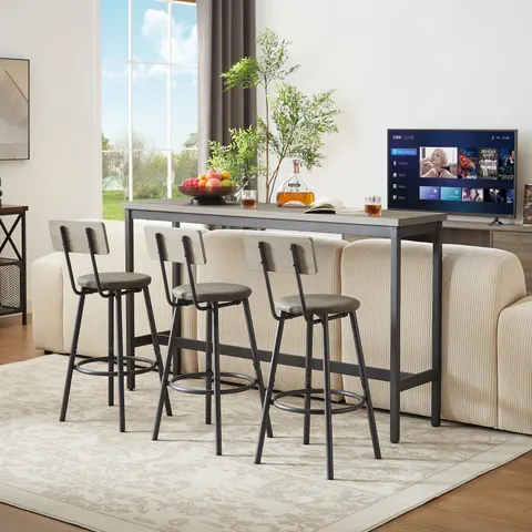 Long Bar Table Set with 3 PU Upholstered Bar Stools