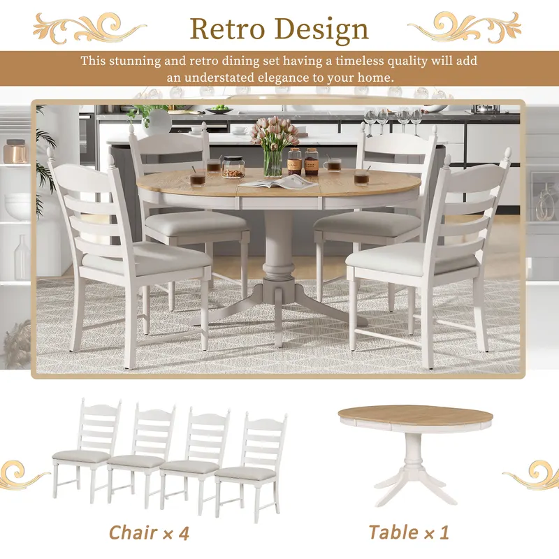 TREXM 5-Piece Retro Functional Dining Table Set Wood Round β photo 5