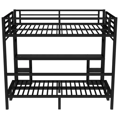 Queen Over Twin XL Metal Bunk Bed Loft Bed with Desk and Shelves β photo 2