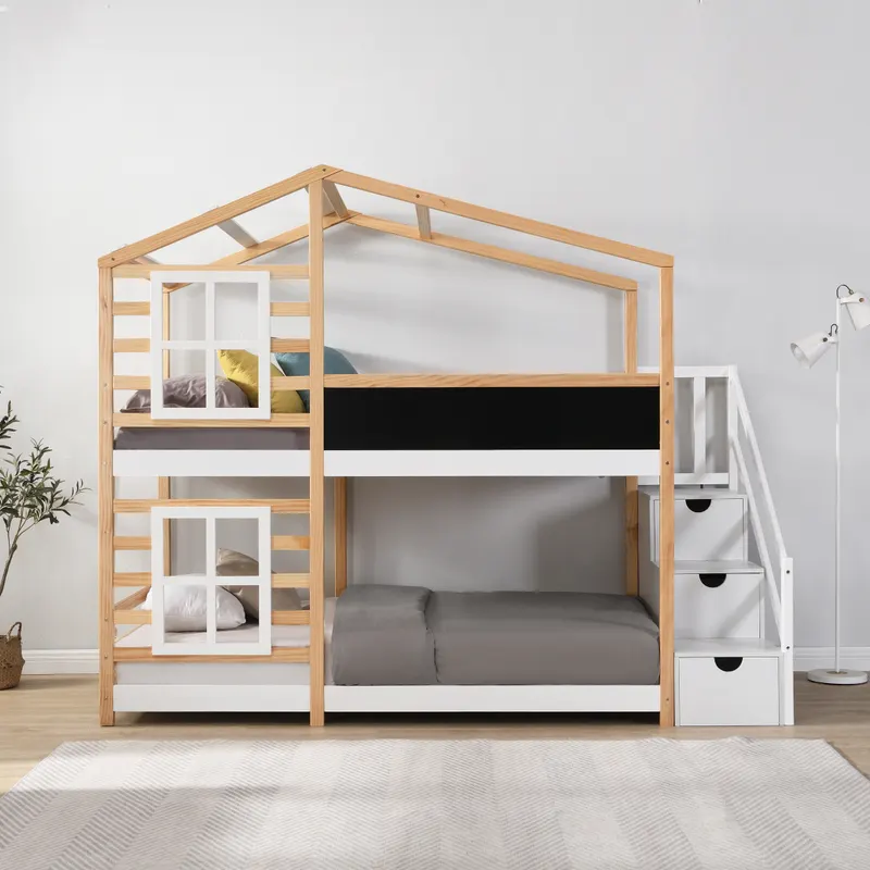 Twin Over Twin Bunk Bed House Bed with Roof Windows Blackboard β photo 5