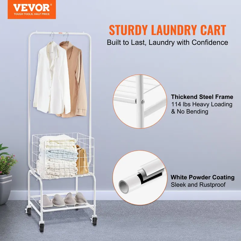 Metal Rolling Laundry Basket with Hanging Garment Rack — photo 4