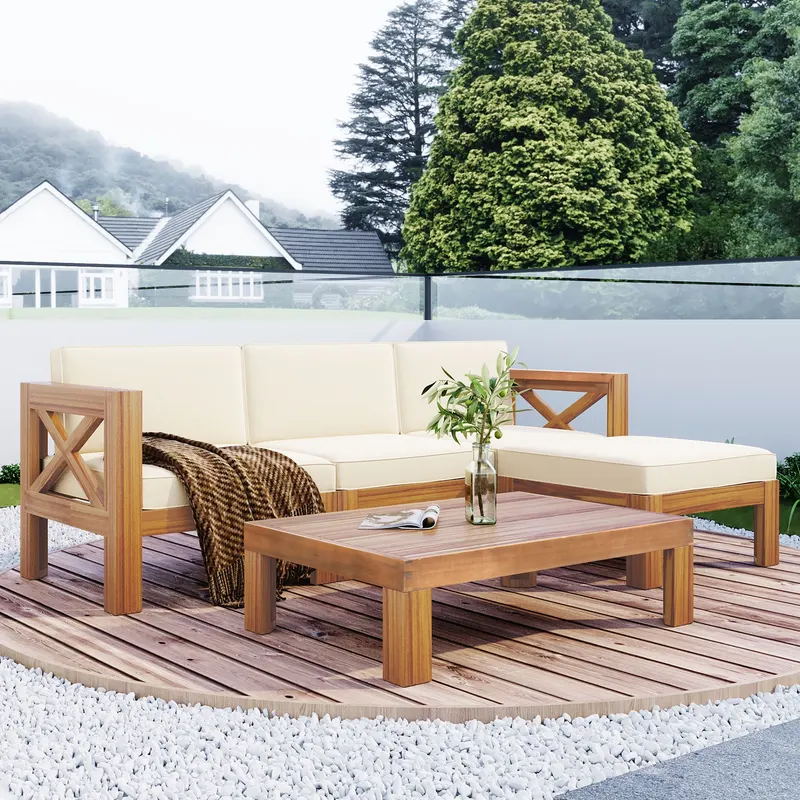 Outdoor Patio Wood 5- Piece Sectional Sofa Seating Group Set