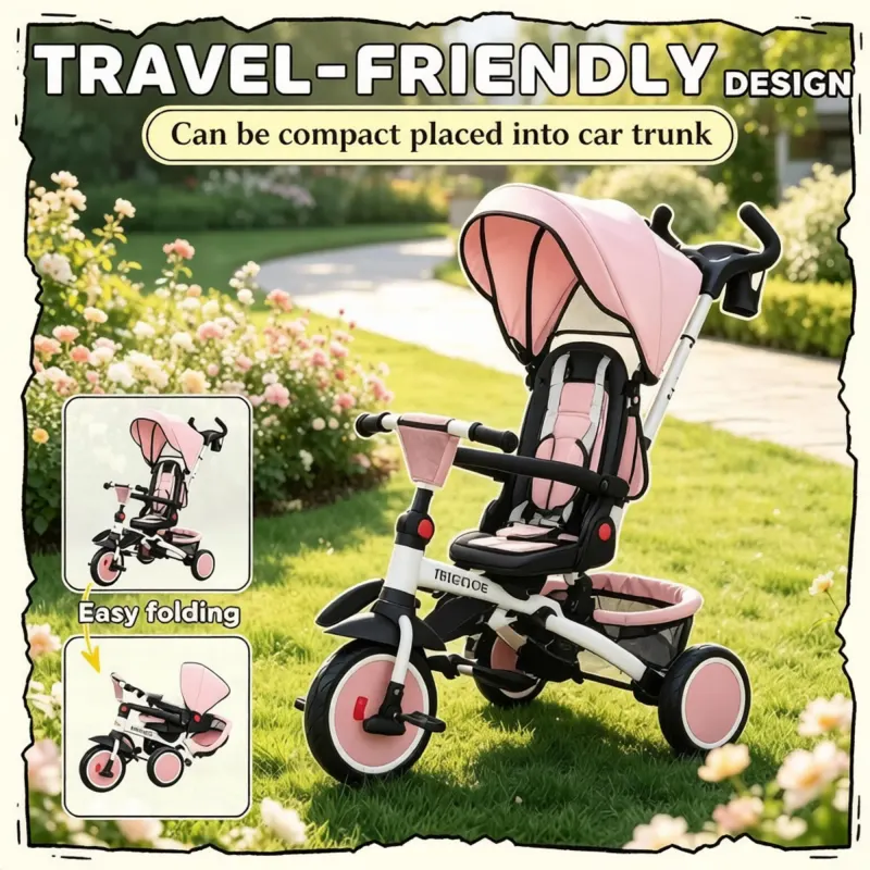 Pink 6-in-1 Convertible Kids Tricycle: 1-5Y Stroller Trike — photo 5