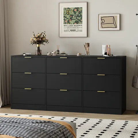 Black 9 Drawer Dresser — 63 Large Deep Chest of Drawers