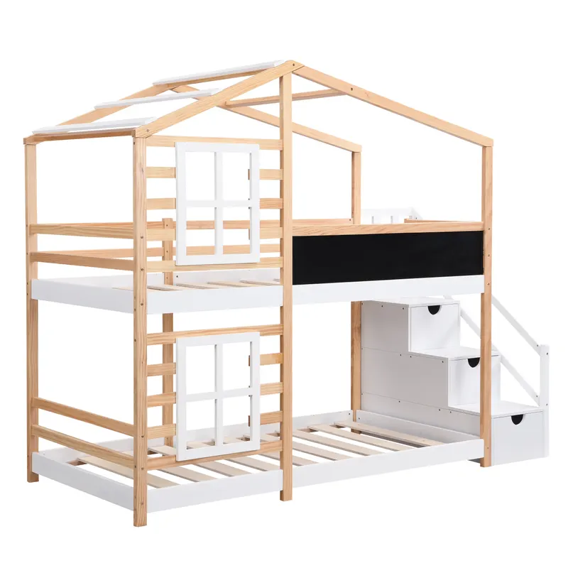 Twin Over Twin Bunk Bed House Bed with Roof Windows Blackboard β photo 4