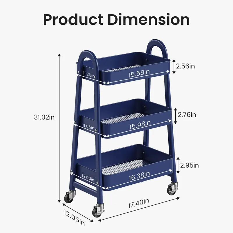 3-Tier Rolling Cart — Metal Utility Storage Cart — photo 5