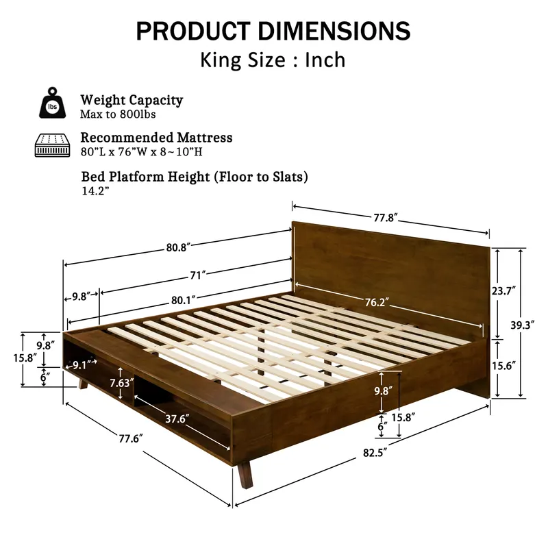 Walnut King Size Platform Bed Frame with Footboard Storage Space β photo 7