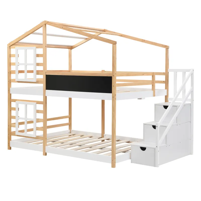 Full Over Full Bunk Bed House Bed with Roof Windows Blackboard — photo 5