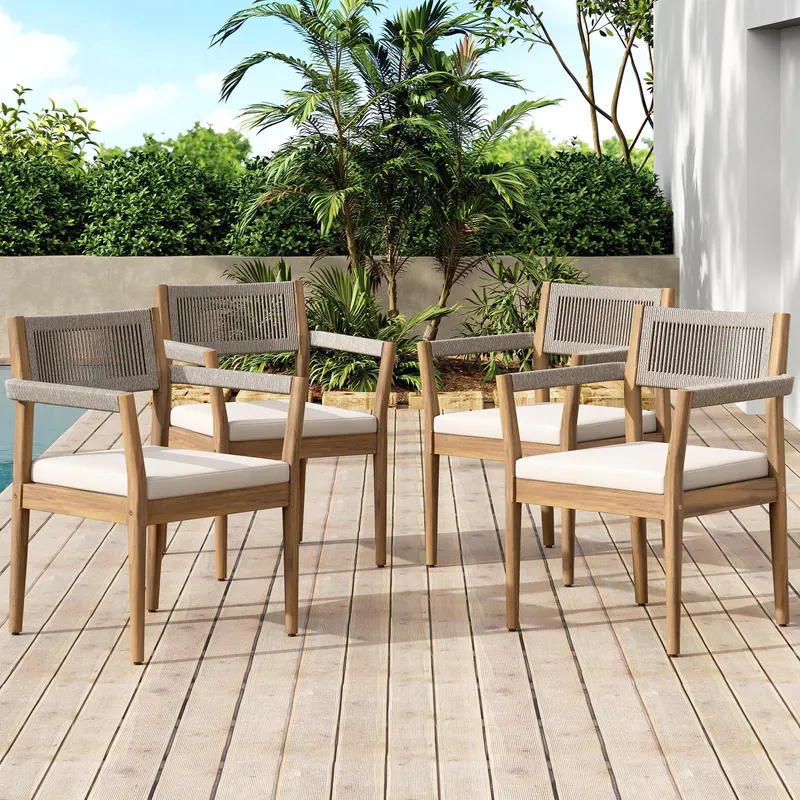Braided Acacia Wood Outdoor Dining Chairs Set of 4 -teak Look