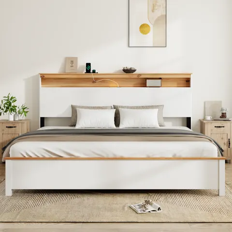 King Farmhouse Wood Bed Frame with Storage Headboard & Charging