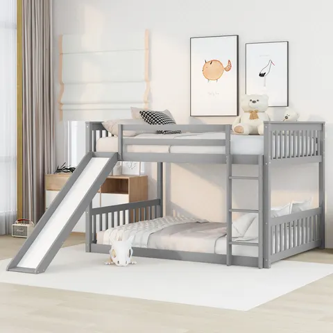 Full Over Full Bunk Bed with Slide and Ladder in Grey Color