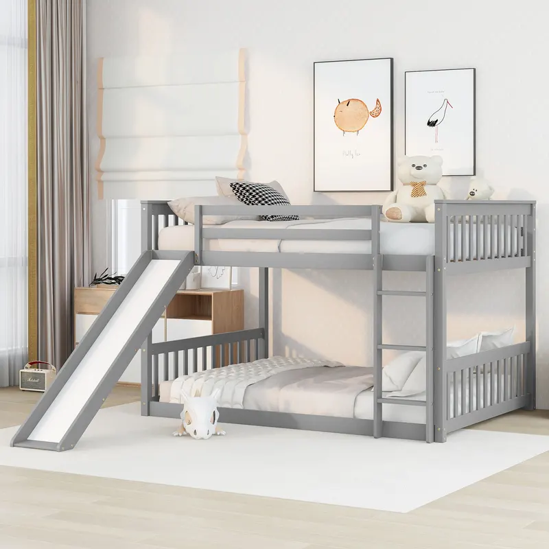 Full Over Full Bunk Bed with Slide and Ladder in Grey Color
