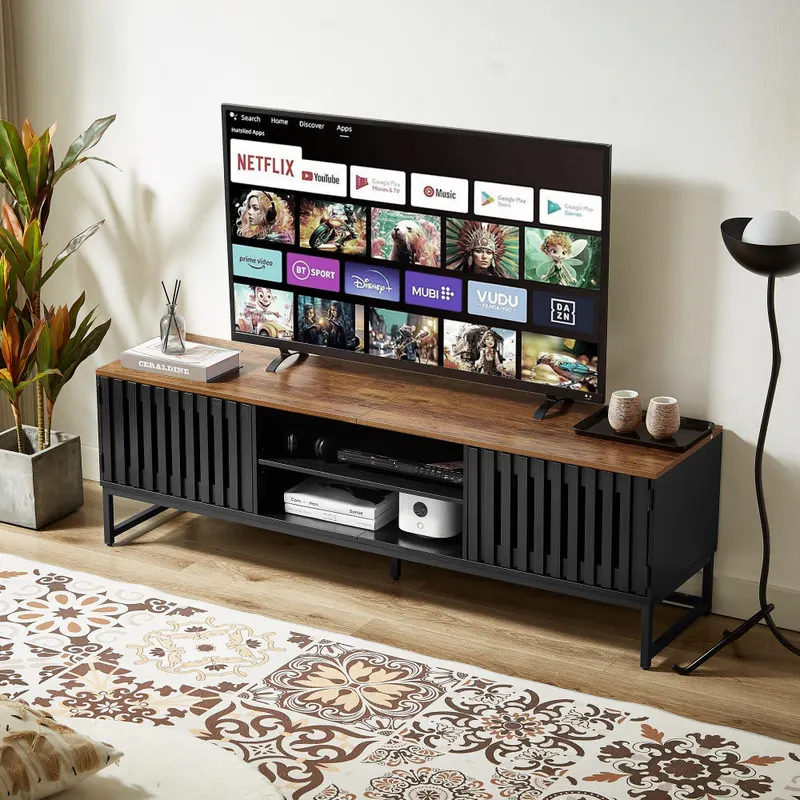 63 Inch Mid Century Modern TV Stand with Slatted Grille Striped — photo 4